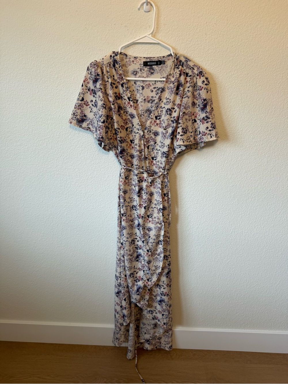 Missguided Floral Wrap Maxi Dress in Cream, Blue, Mauve